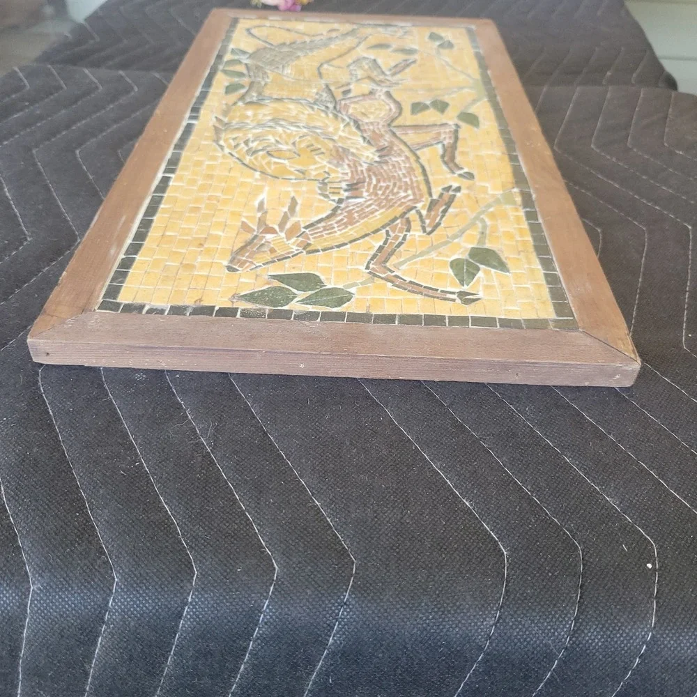 Vtg Mosaic Tile Lion And Prey Wooden Framed Wall Hanging Picture Scene